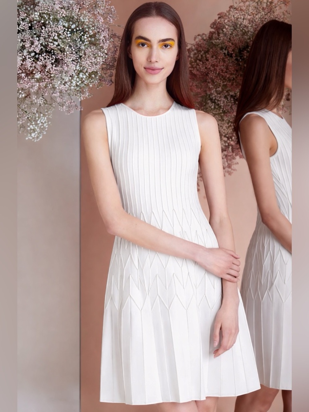 LELA ROSE Chevron Pleated Knit Fit-and-Flare Dress in Ivory White
